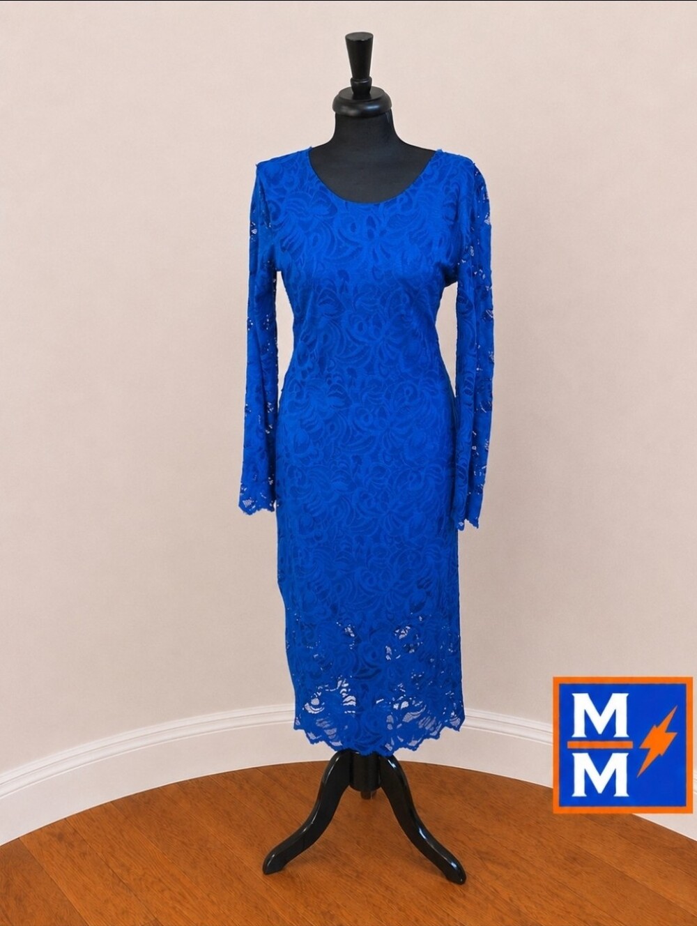 H&M Royal Blue Lace Sheath Dress Long Sleeve Open Back Size L